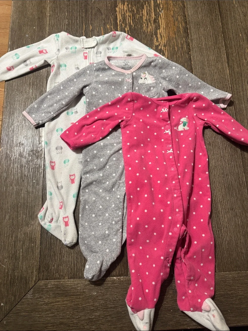 Carter’s Baby Girls Fleece Footed Sleepers 9M | 3-Piece Bundle Unicorn Owl Puppy